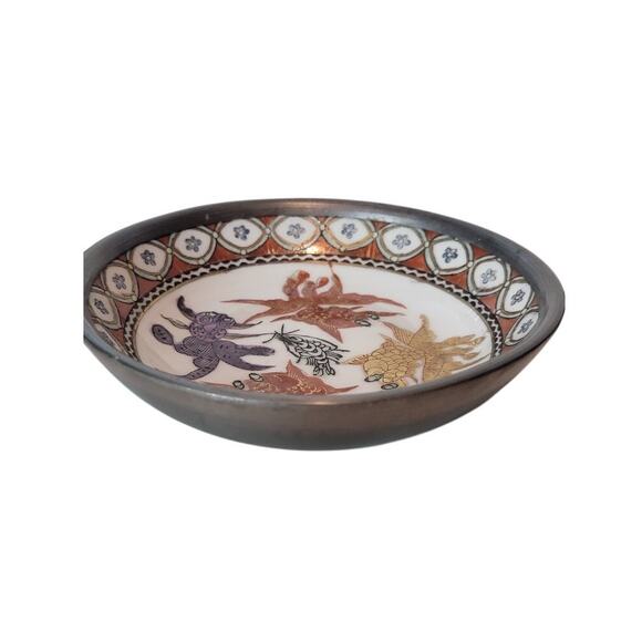 VTG Japanese Porcelain Painted Bowl Koi Design Pewter Base Asian Home Decor - Picture 2 of 7